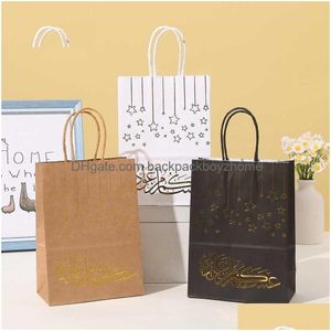 Confezione regalo 5 pezzi Eid Mubarak Sacchetti di carta Kraft Scatola per imballaggio di caramelle per biscotti per feste Ramadan Kareem Bomboniere per festival islamici musulmani Drop Delive Dhn8C