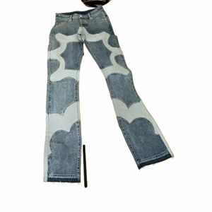 y2k American Fi High Street Patchwork Pattern Embroidered Jeans Men's Punk Harajuku Straight Leg Jeans Denim Flare Pants v7rv#