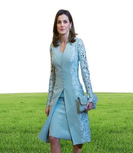 Elegant knee length Mother Of Bride Dresses Suits Short Two Pieces teal Blue Long Sleeves Groom Mother Dress For Wedding Lace Uk A6488694