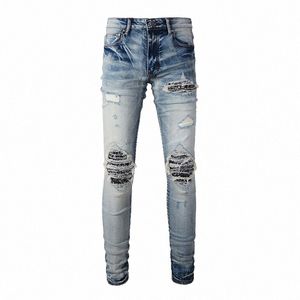 men Paisley Bandana Print Patch Jeans Streetwear High Stretch Denim Pants Holes Ripped Patchwork Skinny Tapered Trousers U5HO#