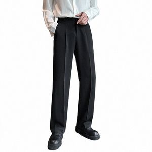 summer Men Thin Casual Suit Pants Lg Straight Drape Silky Wide Loose Trousers Male Elastic Waist Oversize Clothes Black White 7493#