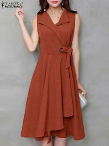 Basic Casual Dresses 2023 ZANZEA Summer Elegant Lapel Neck Sleless OL Shirt Dress Women Fashion Office Work Sundress Casual A-line Midi VestidoC24315