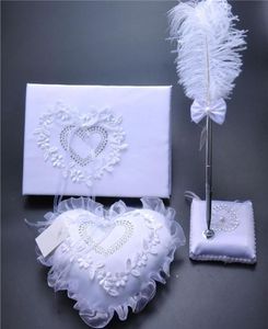 3Pc set Burlap Hessian Lace Crystal Wedding Guest Book Pen Set Ring Pillow Garter Decoration Love Heart Bridal Ring Pillows Weddin5845010