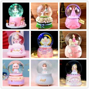 Boxes Crystal Ball Music Box Pink Girl Star Moon Rainbow Unicorn Glowing Snowflakes Music Box Home Decoration Desktop Ornament