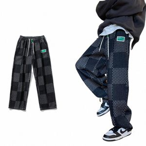 Estilo americano grande xadrez reta jeans homens 2023 high street vibe fi marca cintura elástica solta perna larga calças casuais t7aj #