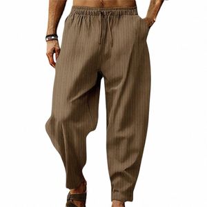 men Pants Drawstring Elastic Waist Wide Leg Striped Deep Crotch Solid Color Loose Soft Breathable Sports Sweatpants d3vx#