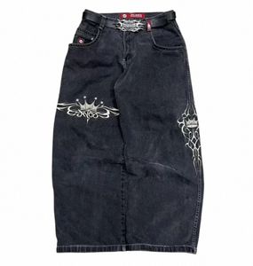 jnco Jeans New Mens Harajuku Retro Hip Hop Skull Embroidery Baggy Jeans denim Pants 90s Street Gothic Wide Trousers Streetwear C86B#
