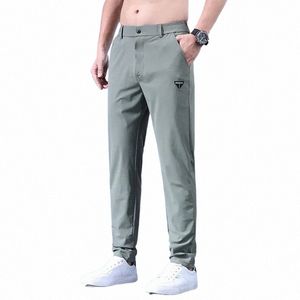 Mäns byxor koreanska FI Summer Nyl High Elastic Thin Four -Sided Elastic Busin Casual Pants Versatile LG Mens Trousers W4wt#