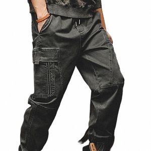 Herren Cargohose Einfarbig Multi Taschen Elastische Taille Kordelzug Lose Streetwear Gerade Knöchelgebundene Arbeitshose für den Alltag P23I #