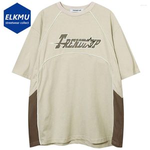 Men's T Shirts Hip Hop Streetwear Men Color Block Patchwork Loose Vintage Tee Shirt Short Sleeve Cotton Tshirt Harajuku Oversized Y2K