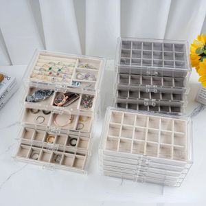 Schmuck-Organizer-Box, transparente Vitrine, 5-lagige Aufbewahrungsbox für Ohrringe, Halskette, Ringe, Kunststoff, Samt-Schmucktablett, Geschenke 240315