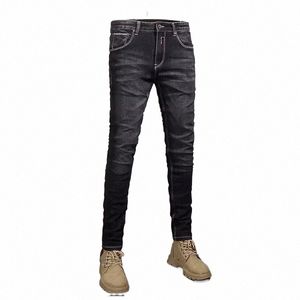 italiensk stil fi män jeans högkvalitativ retro svart grå stretch smal rippade jeans män vintage designer denim byxor hombre z6m4#