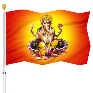 Tillbehör Golden Lord Ganesha flagga Indien Religion Dubbel sömda flaggor Banners med mässing Grommets inomhus vardagsrumshusdekorationer