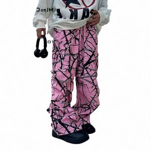 Pembe diken şubesi baskılı pantolon Camoue Casual Pantolon Japon Sokak Giyim Pantolonları Harajuku Kargo Pantolon Erkekler E0al#