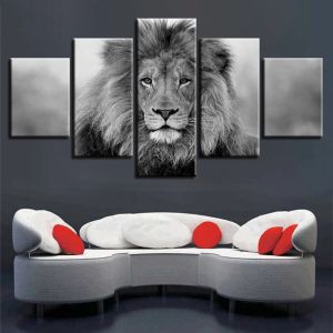 5 Panel Schwarz-Weiß-Löwen Bilder Modulare Leinwand Poster Wandkunst Wohnzimmer Wohnkultur HD-Druck Malerei Ungerahmt