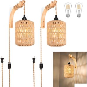 Plugue de iluminação de segurança em arandelas de parede conjunto de duas mãos rattan boho lâmpada com cabo tecido decoração pendurado luzes de entrega ao ar livre otdml