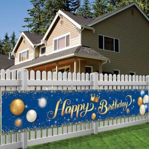 Tillbehör Happy Birthday Banners and Signs Blue Gold 30 40 50 Happy Birthday Banner Decor for Home Hanging Flag For Adults Favors Decor