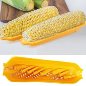 Hållare 1Set Corn Fork Set With Tray Portable Stainless Steel BBQ Majshållare Majs On the Cob Spetts Fruit Forks Outdoor Barbecue Tool