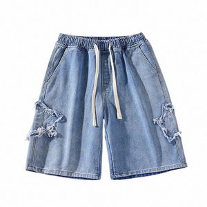 Vintage Star Patch Denim Blue Shorts Męskie spodnie Hip Hop Krótkie spodnie Casual High Street Lose Riose Lose Pięć Pantów O6GT#