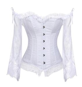 Plus Size Women Steampunk Corset Blue Sexig långärmad spetskorett Lace Up Bustiers Top Victorian Club Wedding Party Shirts8193848