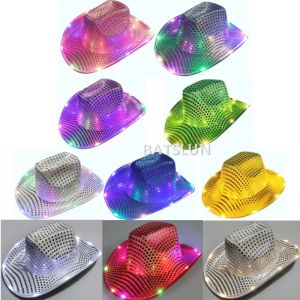 Hats 50pcs LED Cowboy Hat Flashing Light Up Cowgirl błyszcząca nocna kapelusz świetliste czapki Halloweenowe akcesoria imprezowe