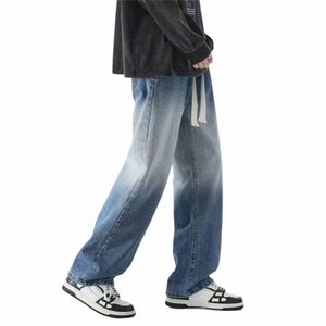 Summer FI Herrens raka jeans Loose Korean Casual Harem Pants Elastic midja Harajuku Style Jeans Trouser Jeans Para Hombre C13U#