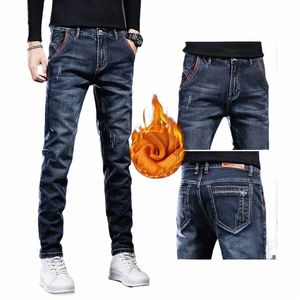 Zimowe spodnie męskie szczotkowane dżinsowe dżinsy streetwear chude zryte buty Veet Cut Korean Fi Streetwear 90s Spodnie Man f6rq#