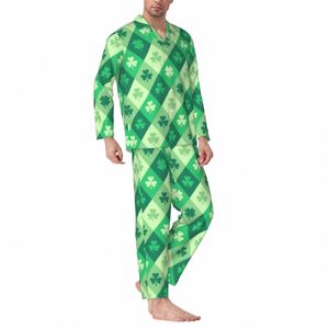 Green Shamrock Pyjamas Men Lucky Saint Patricks Day Cute Sleep Sleepwear Autumn 2 Pieces Casual överdimensionerad tryckt pyjamasats A4QS#