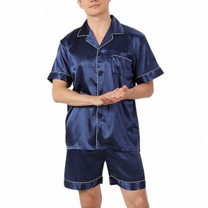 men Pajama Sets Ice Silk Satin Short Sleeve Shirt+Shorts 2Pcs Suit Summer Thin Sleepwear Solid Color Male Casual Home Clothes o8rG#