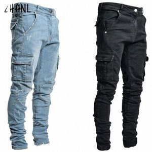 jeans Men Pants W Solid Color Multi Pockets Denim Mid Waist Cargo Jeans Plus Size Fahsi Casual Trousers Male Daily Wear N17j#