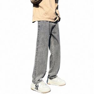 Nya mäns denim bredbensbyxor koreansk stil raka löst jeans gata hip-hop breda benbyxor svart grå blå baggy jeans t95n#