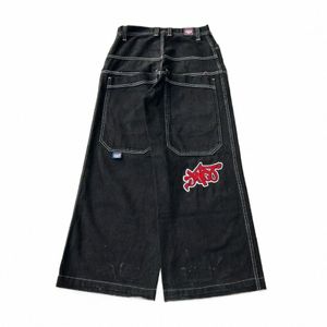 vintage märke svart baggy jeans fi hip hop punk hög midja denim byxor harajuku brev broderi män kvinnor streetwear k035#