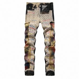 punk Style Men's Alphabet Colored Embroidered Straight Leg Jeans Fi Patchwork Cobweb Mid-Waist Casual Denim Pants j8vL#