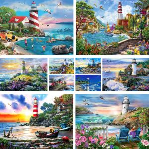 Nummer Landscape Light House Paint by Numbers Complete Kit Acrylic Paints 50*70 Målning på duk Heminredning för barn Handikraft