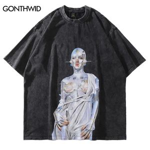 T-shirt oversize effetto consumato streetwear hip-hop vintage robot stampa grafica maglietta da uomo harajuku casual t-shirt manica corta 240315