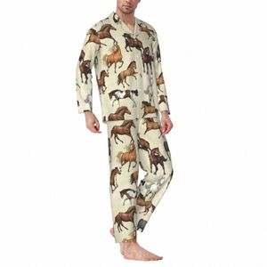 sunset Horse Sleepwear Autumn Horses Riding Funny Casual Oversized Pajama Sets Male Lg Sleeves Soft Bedroom Graphic Nightwear g7qF#