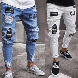 Herren Jeans Männer Stretchy Ripped Skinny Biker Stickerei Cartoon Print Jeans Destroyed Hole Slim Fit Denim Hochwertige Hip Hop Schwarze Jeans T240326