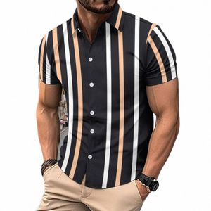 2023 new summer men's casual vertical striped lapel shirt Men's slim fi high quality street clothing hot selling shirt V36g#