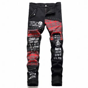Rivet punk jeansowe dżinsowe spodnie Skull Patchwork Streetwear Hip Hop Denim Denim Pants Men Harajuku Plaid Fi Slim Black Dżinsy Spodnie C3GX#