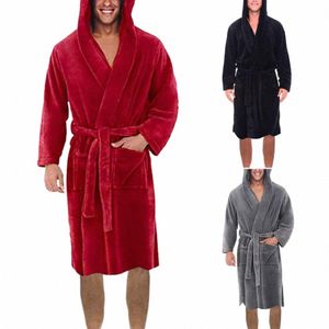 chic Ankle Length Solid Color Open Stitch Winter Warm Hooded Lg Fleece Home Gown Sleepwear Men Nightgown Anti-freeze E5wm#