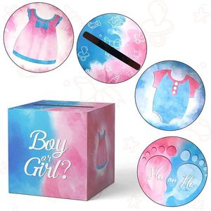 Present Wrap Blue Pink Baby Kön avslöja omröstningsboxen med 60 st omröstningskort dusch pojke eller flicka för festspelartiklar