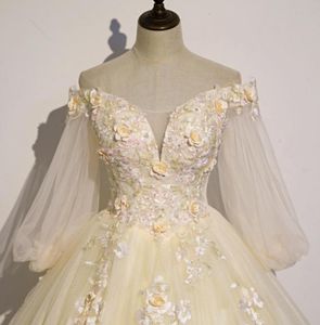 light yellow flower embroidery ball gown queen gown medieval dress Renaissance gown royal Victorian dressprincess cosplay Ball2926100