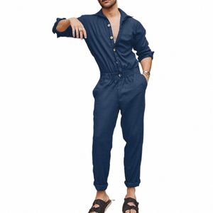 men's Overalls Jumpsuit Solid Color 2023 Spring Fi Pocket Turn-Down Collar Lg Sleeve Playsuits Cargo Casual Street Wear B6uR#