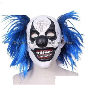 Inne imprezy imprezowe dostarcza realistyczne lateksowe niebieskie włosy uśmiechnięta maska ​​klauna Halloween Haunted House Ghost HEADGEAR Cosplay Drop dostawa dho1l