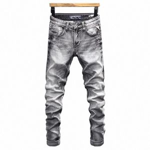 Streetwear Fi Men Jeans Retro Grey Elastic Slim Fit Ripped Jeans Men byxor Vintage Designer Casual Denim Pants Hombre X8Z6#