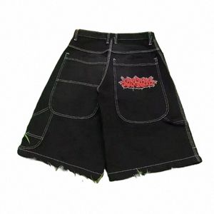 jnco Hiphop denim shorts men high street skateboard pants embroidery pattern couple pants street casual shorts J61u#
