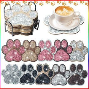 Stitch Chenistory 10st/sets Cat's Paw Diamond Paint Coaster With Holder Diamond Rhinestone for Kids Adults Diy Diamond Coasters