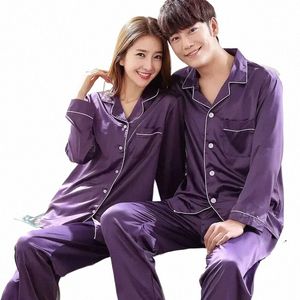 lg Pj Loungewear Set Silk Pajamas Pijama Solid Color Sleepwear Men Suit Women Couple Pyjamas Butt-down Plus Size Satin c1S2#