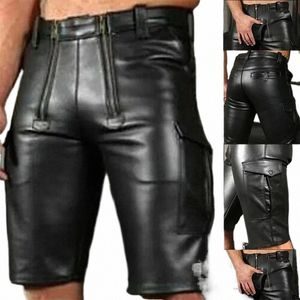 men's Leather Pants Solid Color Pocket PU Leather Punk Tight Nickel Pants Double Zipper Decorative Shorts i3eQ#