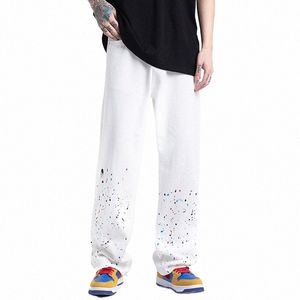 American High Street Tide Marca Spray Paint Hip-Hop Jeans Masculino Solto Calças de Perna Larga Calças de Perna Larga Calças de Casal X8A2 #